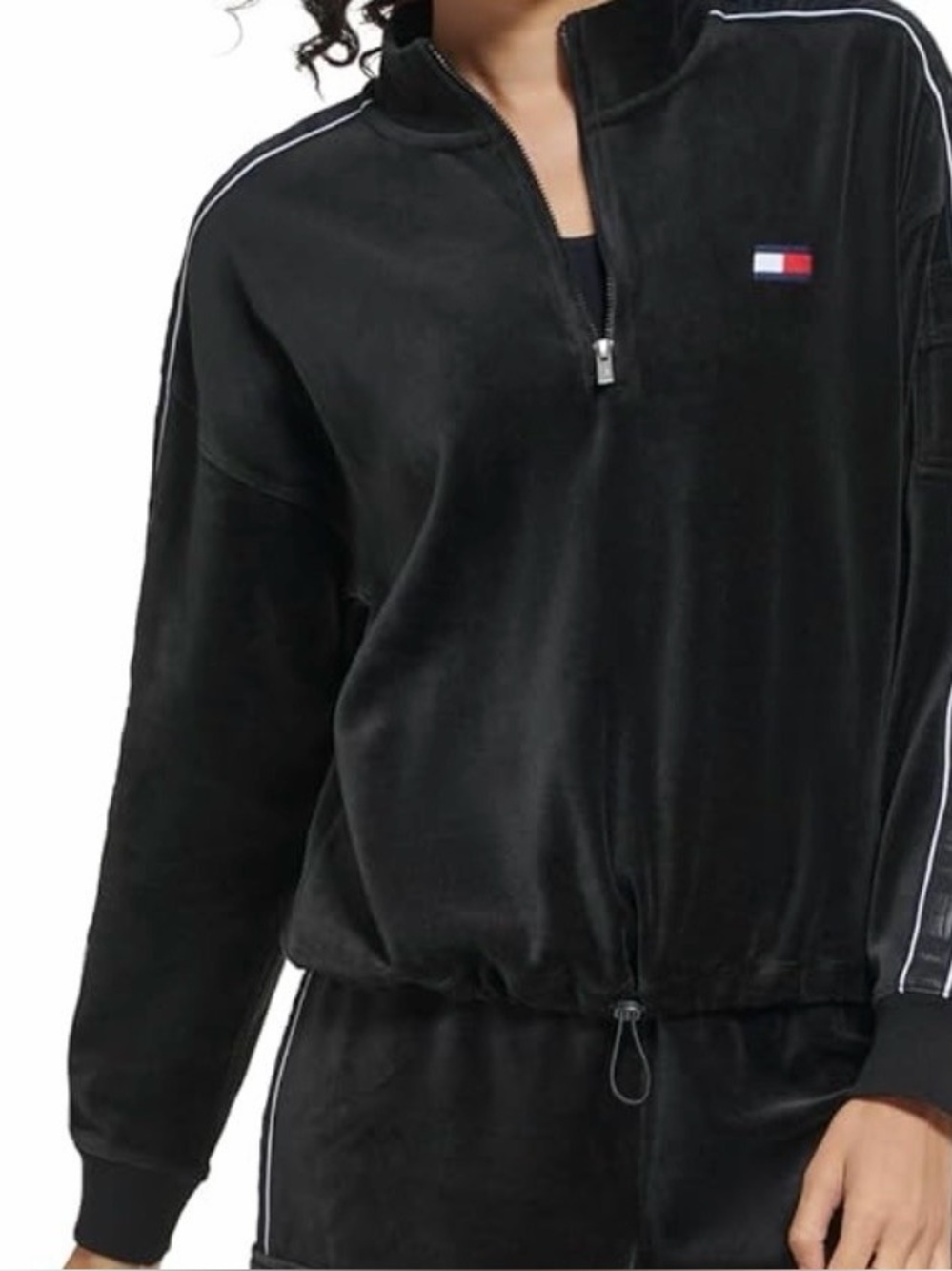 Tommy Hilfiger Black Velour Half-Zip Pullover with Stripe Detail